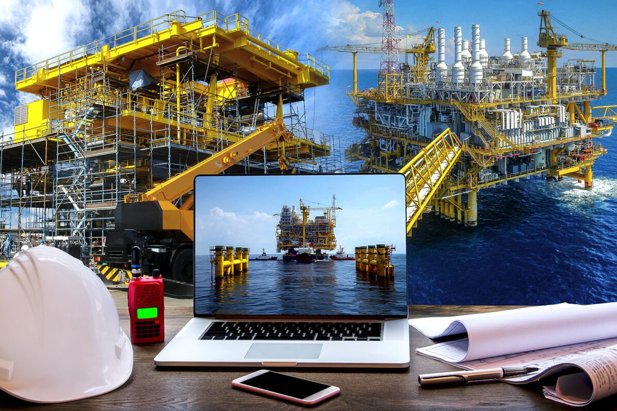 Industry of crude rig at oilfield. and construction offshore rig for production oil and gas. Operation process concept by engineer or technician from control room